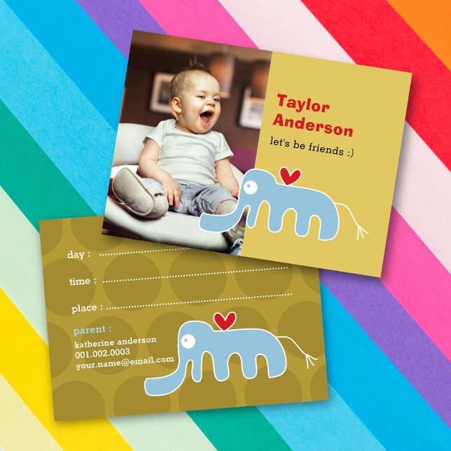 Cute Cartoon Blue Elephant Photo Kid's Play Date Calling Card (Creator Uploaded)