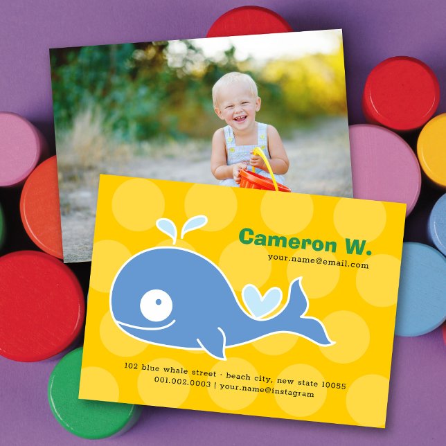 Cute Cartoon Blue Whale Kid Profile Photo Calling Business Card (Creator Uploaded)