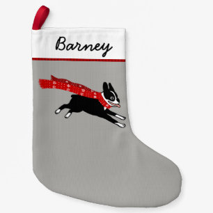 Cute Cartoon Boston Terrier Happy Dog Holiday Xmas Small Christmas Stocking