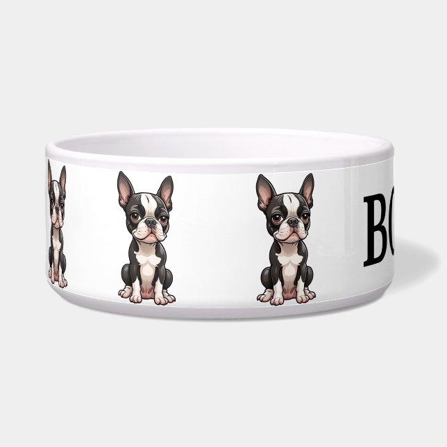 Cute Cartoon Boston Terrier Personalise Bowl (Left)