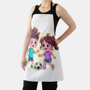Cute Cartoon Boy and Girl Playing Soccer Together Apron
