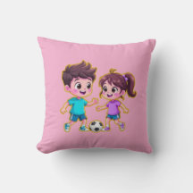 Cute Cartoon Boy and Girl Playing Soccer Together 