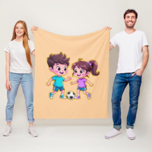 Cute Cartoon Boy and Girl Playing Soccer Together  Fleece Blanket