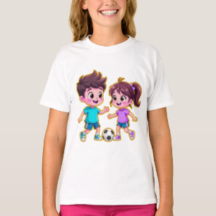Cute Cartoon Boy and Girl Playing Soccer Together  T-Shirt