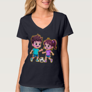 Cute Cartoon Boy and Girl Playing Soccer Together  T-Shirt