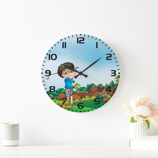 Cute Cartoon Boy Golfing Fun Golf Lover Design  Large Clock (Creator Uploaded)