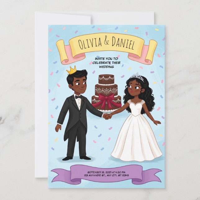 Cute Cartoon Bride and Groom Wedding Invitation (Front)