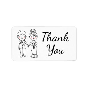 Cute Cartoon Bride Black White Thank You Wedding Label