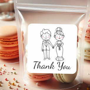 Cute Cartoon Bride Black White Thank You Wedding Square Sticker