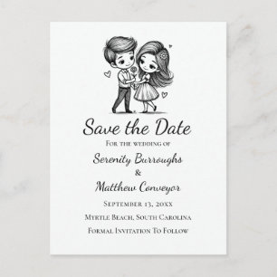 Cute Cartoon Bride Groom Black White Save the Date Announcement Postcard