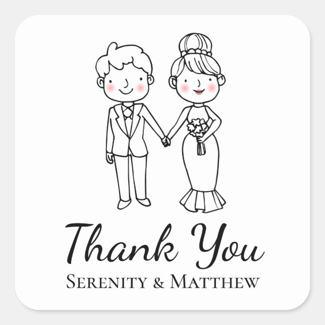Cute Cartoon Bride Groom Black White Thank You Square Sticker (Front)