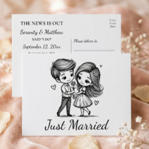 Cute Cartoon Bride Groom Black White Wedding Announcement Postcard