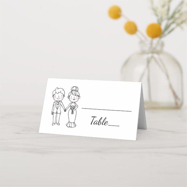 Cute Cartoon Bride Groom Black White Wedding Party Place Card (Front)
