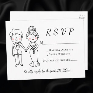 Cute Cartoon Bride Groom Black White Wedding RSVP Invitation Postcard