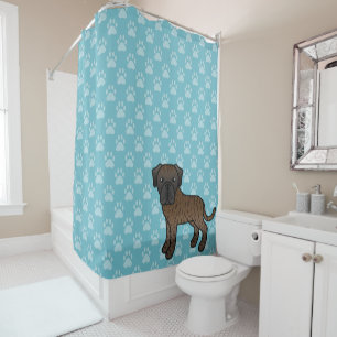 Cute Cartoon Brindle English Mastiff Dog On Blue Shower Curtain