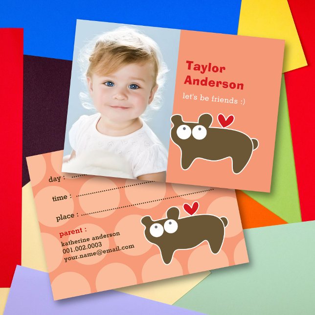 Cute Cartoon Brown Bear Photo Kid's Play Date Calling Card (Creator Uploaded)
