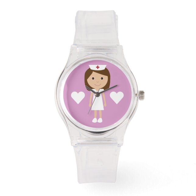 Cute Cartoon Brown Hair Nurse & Hearts Pink Watch (Front)
