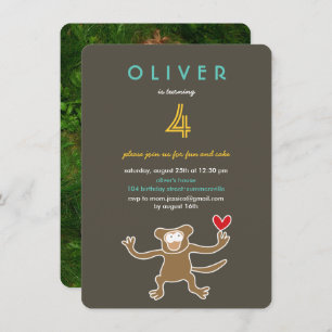 Cute Cartoon Brown Monkey Fun Photo Kid's Birthday Invitation