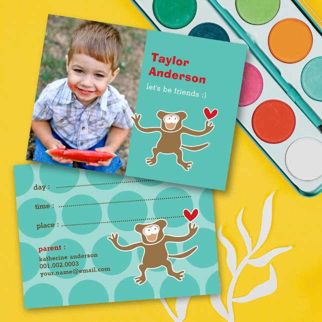 Cute Cartoon Brown Monkey Photo Kid's Play Date Calling Card (Creator Uploaded)