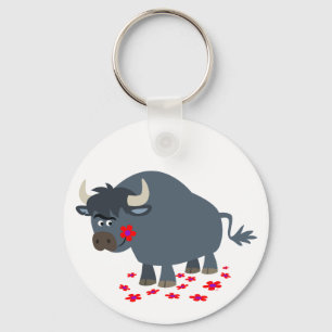 Cute Cartoon Bull and Red Bloom Keychain