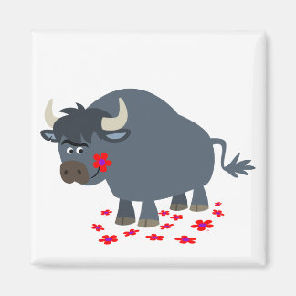 Cute Cartoon Bull and Red Bloom Magnet