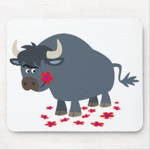 Cute Cartoon Bull and Red Bloom Mousepad