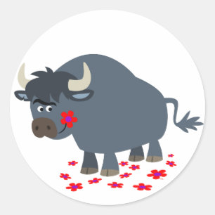 Cute Cartoon Bull and Red Bloom Sticker
