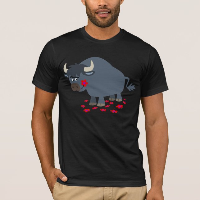 Cute Cartoon Bull and Red Bloom T-Shirt (Front)