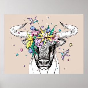 Cute cartoon bull in a floral wreath. Bright portr Poster