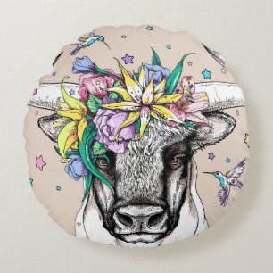 Cute cartoon bull in a floral wreath. Bright portr Round Cushion