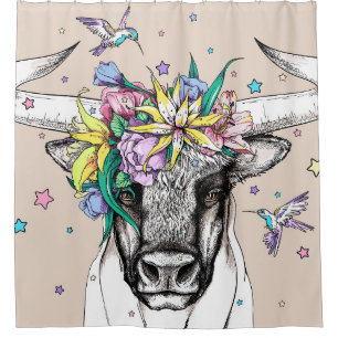Cute cartoon bull in a floral wreath. Bright portr Shower Curtain