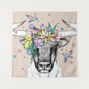 Cute cartoon bull in a floral wreath. Bright portr Tapestry