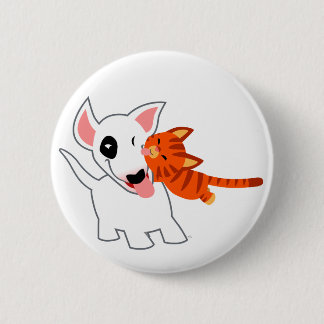 Cute Cartoon Bull Terrier and Kitten Button Badge