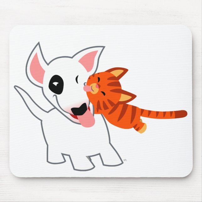 Cute Cartoon Bull Terrier and Kitten Mousepad (Front)