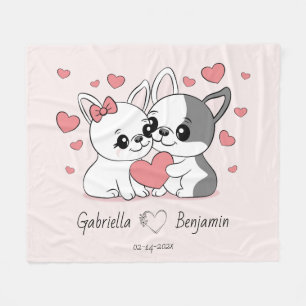 Cute Cartoon Bulldog Lovers Heart Valentine’s Day Fleece Blanket