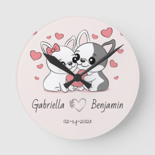 Cute Cartoon Bulldog Lovers Heart Valentine’s Day Round Clock