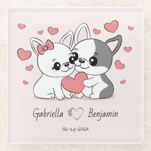 Cute Cartoon Bulldog Lovers Hearts Valentine’s Day Glass Coaster