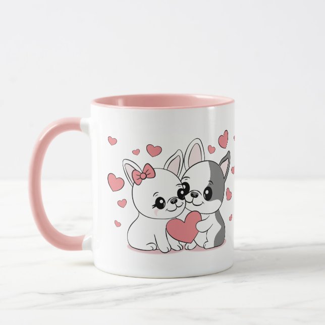 Cute Cartoon Bulldog Lovers Hearts Valentine’s Day Mug (Left)