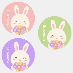 Cute Cartoon Bunny Flowers Custom Name Pastel Pink