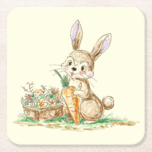 Cute Cartoon Bunny Rabbit Sketch Square Paper Coaster