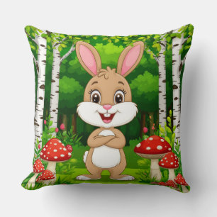 Cute Cartoon Bunny Stands In A Lush Forest Cushion