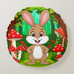 Cute Cartoon Bunny Stands In A Lush Forest Round Cushion