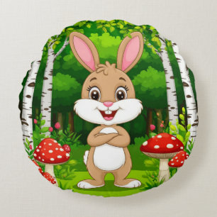 Cute Cartoon Bunny Stands In A Lush Forest Round Cushion