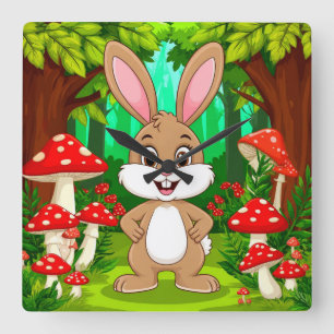 Cute Cartoon Bunny Stands In A Lush Forest Square Wall Clock