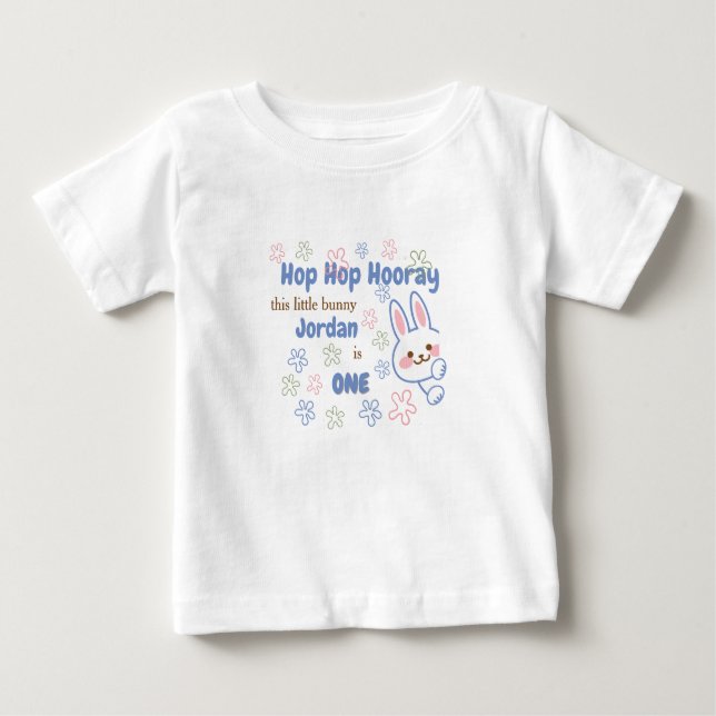 Cute Cartoon Bunny Turning One Boys 1st Birthday  Baby T-Shirt (Front)