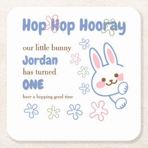 Cute Cartoon Bunny Turning One Boys 1st Birthday  Square Paper Coaster