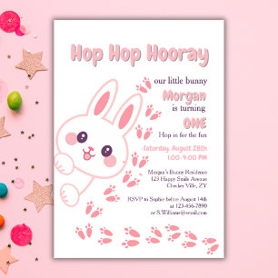 Cute Cartoon Bunny Turning One Girls 1st Birthday  Invitation