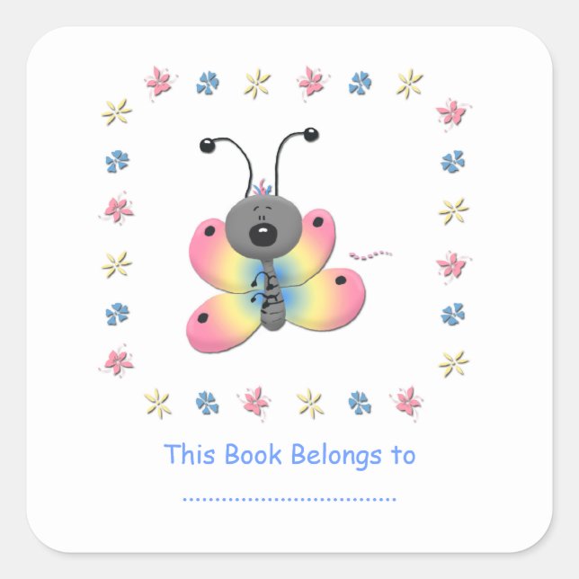Cute Cartoon Butterfly Bookplate Sticker (Front)