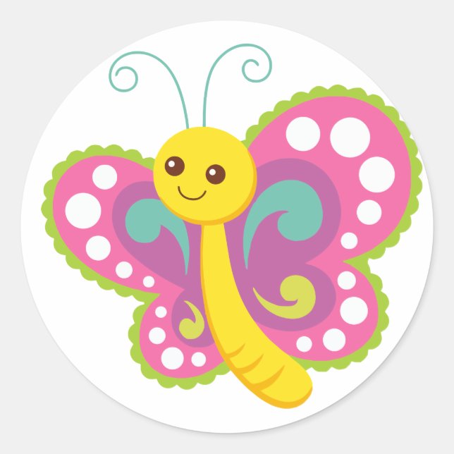 Cute Cartoon Butterfly, pink, yellow, green Classic Round Sticker (Front)