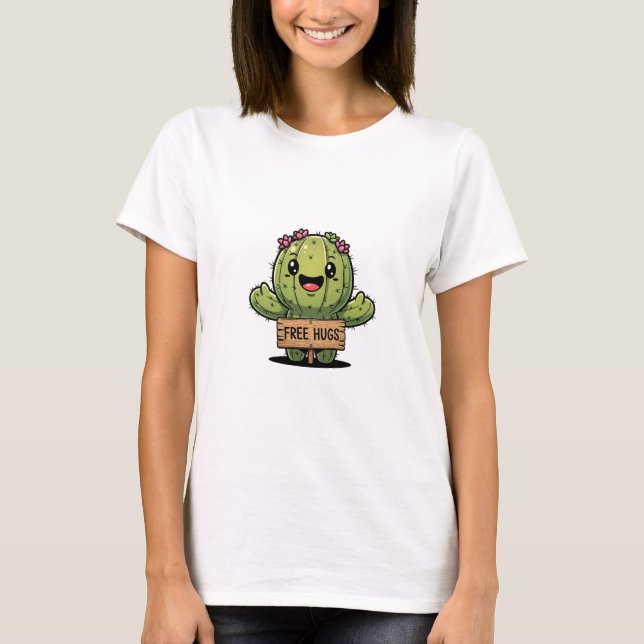 Cute Cartoon Cactus Character Offering Free Hugs T-Shirt (Front)